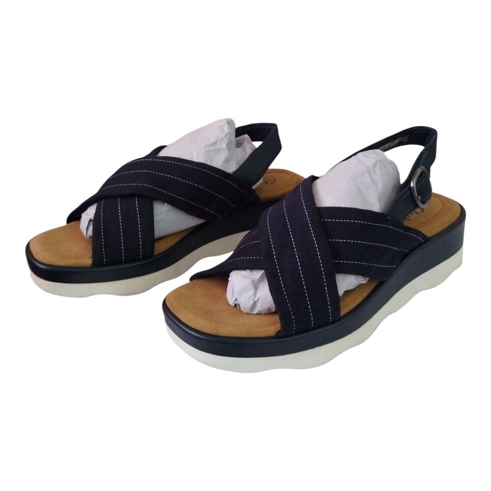 Clarks Collection Cross Band Wedges Clara Cove‎ Navy Women's 9W Comfort